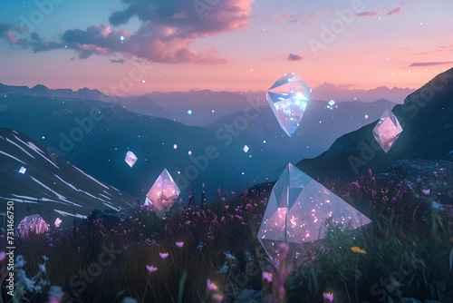 Blend a tranquil mountain landscape with floating geometric shapes and bioluminescent plants, creating a surreal and mesmerizing scene.