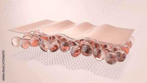 Fototapeta Naklejka Na Ścianę i Meble -  Skin layer with collagen and elastin on tan background for moisturizer and cream serum treatment product. 3D rendering.