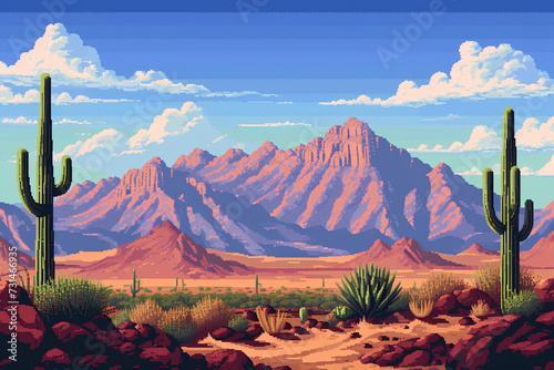 A desert landscape featuring cacti and mountains in the background, rendered in a 16-bit pixel art style reminiscent of classic video games. photo