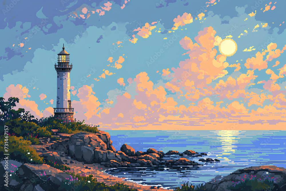 A pixel art landscape featuring a lighthouse, with the sea and sky in the background, capturing the nostalgic charm of classic video game graphics.