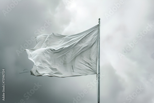 A scene unfolds with a flag, white and billowing in the wind, a poignant symbol of surrender amid a somber gray sky tinged with the smoke of distant bombings. © Uliana