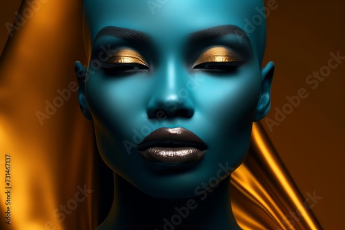 Fashion portrait of a beautiful woman with golden lips.