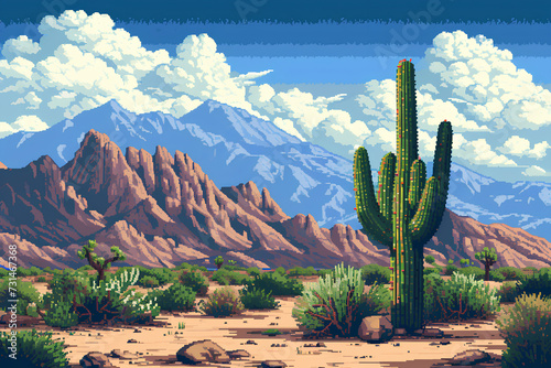 A desert landscape featuring cacti and mountains in the background, rendered in a 16-bit pixel art style reminiscent of classic video games.