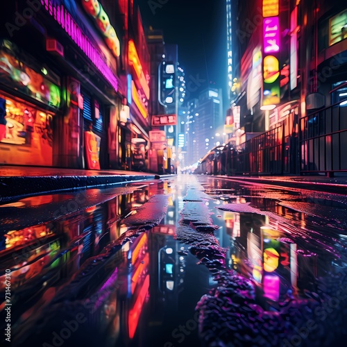 A close-up of a rain-soaked city street at night, with reflections of neon lights shimmering on the wet pavement