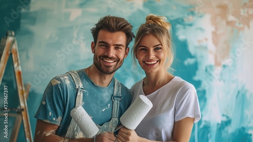 Smiling happy couple painting the wall of their new home holding paint rollers near ladder. Married man and woman doing repair renovation preparing to move into a new flat, copy space photo