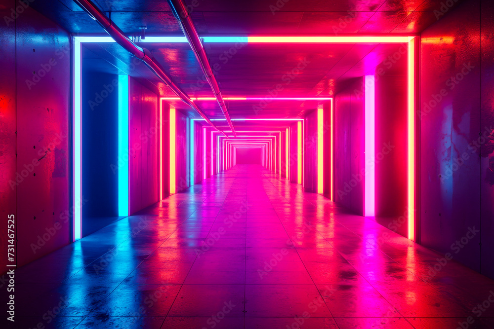 Neon Lit Corridor with Infinite Perspective.