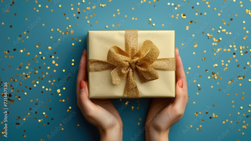 Woman hands holding elegant present gift box with golden ribbon over blue background with confetti. Birthday greeting card, Valentine's Day, Mother day, Father day greeting card. Top view Woman hands holding elegant present gift box with golden ribbon over blue background with confetti. Birthday greeting card, Valentine's Day, Mother day, Father day greeting card. Top view