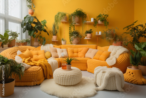 Inviting living room ambiance with white couch and lush potted plants, bathed in warm yellow and orange tones.