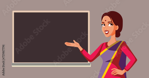 Indian Teacher Pointing to the Blackboard Vector Character Illustration. Female professor working in academic institute 
