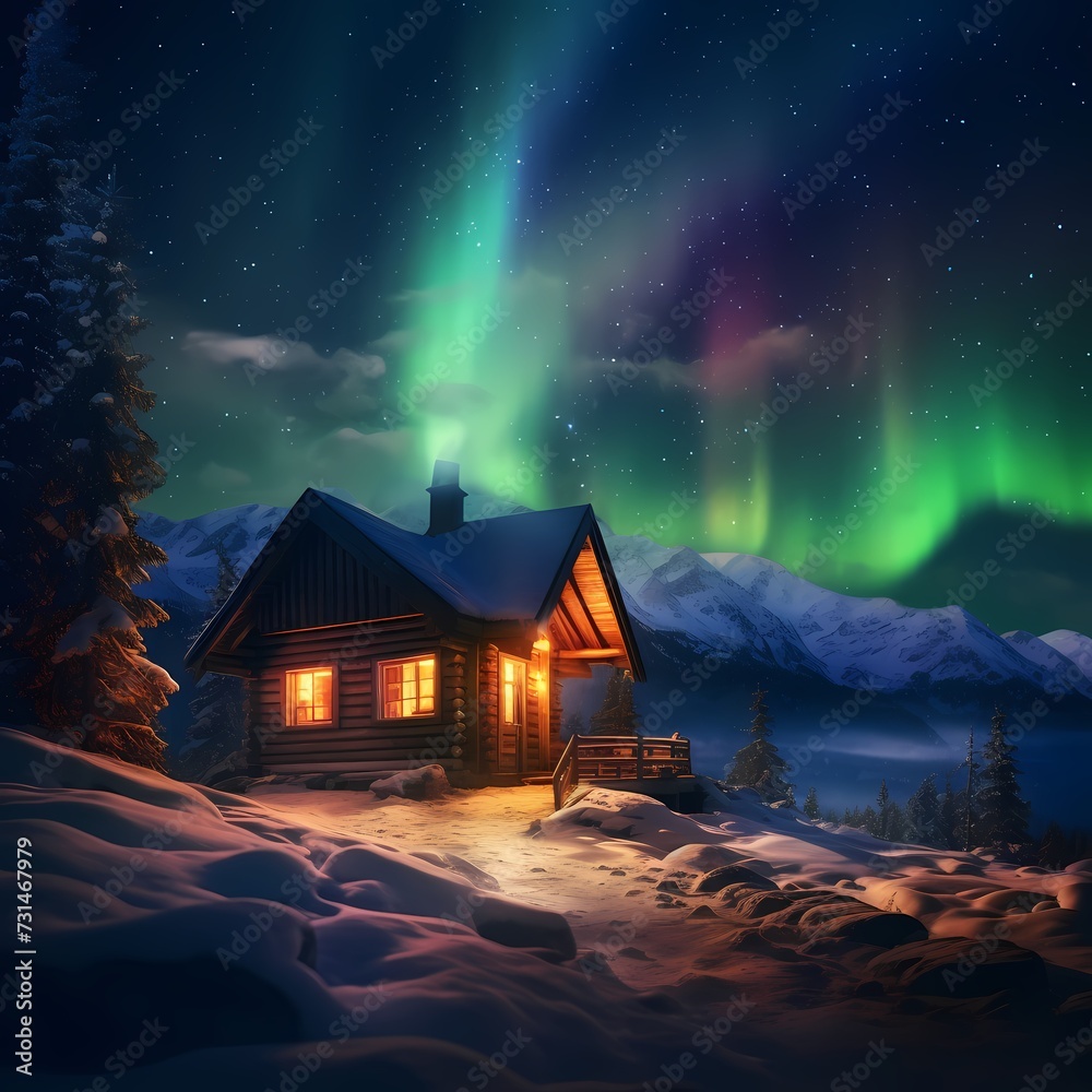 A cozy cabin nestled in the snowy mountains, with smoke curling from the chimney and the Northern Lights dancing above