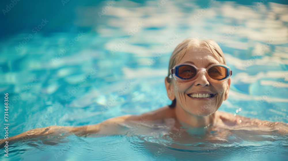 Smiling older woman wearing goggles while swimming in pool