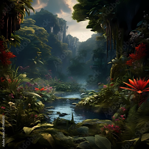 A dense, otherworldly jungle with vibrant flora and fauna, where every step reveals a new and exotic discovery