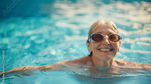 Smiling older woman wearing goggles while swimming in pool