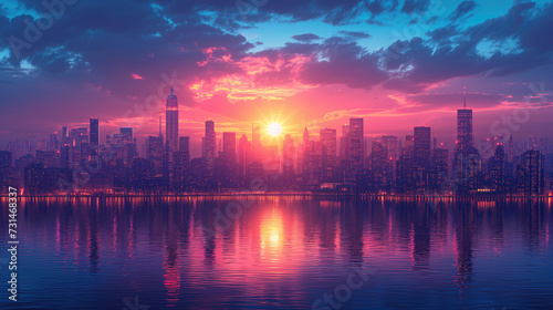 Panoramic view, sunset over metropolitan skyline.
