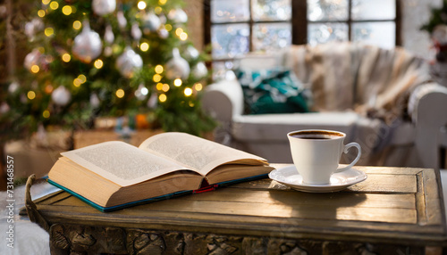 Coffee cup and an open book inside a holiday decorated home 