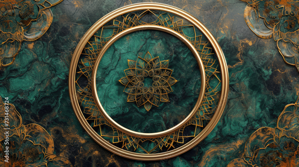 Luxury background 3D wallpaper, luxury ceiling design in teal green and golden color tone, 3D gold frame and marble background mandala design style. Luxury background 3D wallpaper, luxury ceiling design in teal green and golden color tone, 3D gold frame and marble background mandala design style.