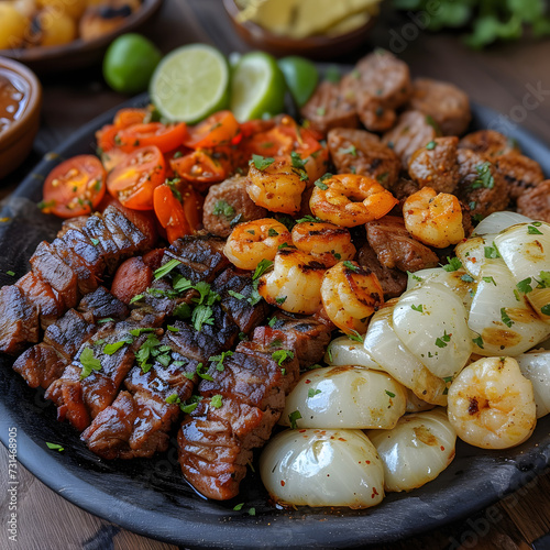 Mexican Northern-style mixed grill with carne asada and shrimp