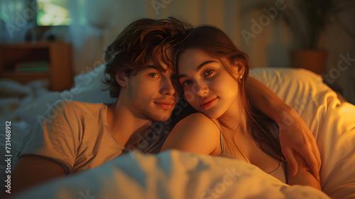 young woman with her boyfriend on bed, cuddle