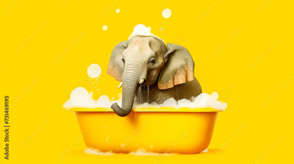 An adorable elephant enjoys a soothing bath, immersed in bubbles - obrazy, fototapety, plakaty 