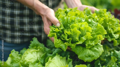 Organic vegetables. Farmers hands with freshly harvested vegetables. Fresh organic lettuce.