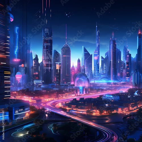 A futuristic city skyline at night  with neon lights casting a vibrant glow on sleek skyscrapers and a bustling street below