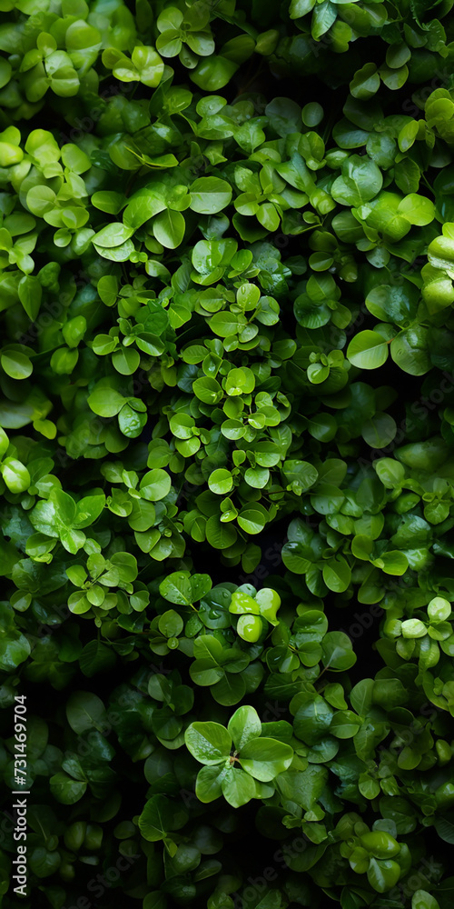 Obraz premium A top view of a beautiful macro closeup image of green wall with natural small plant leaves in vertical garden bush