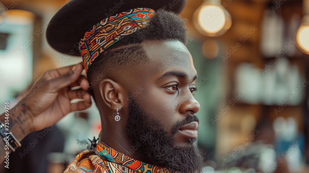 Black barber shop portrait, modern and cool hair style involving facial hair.