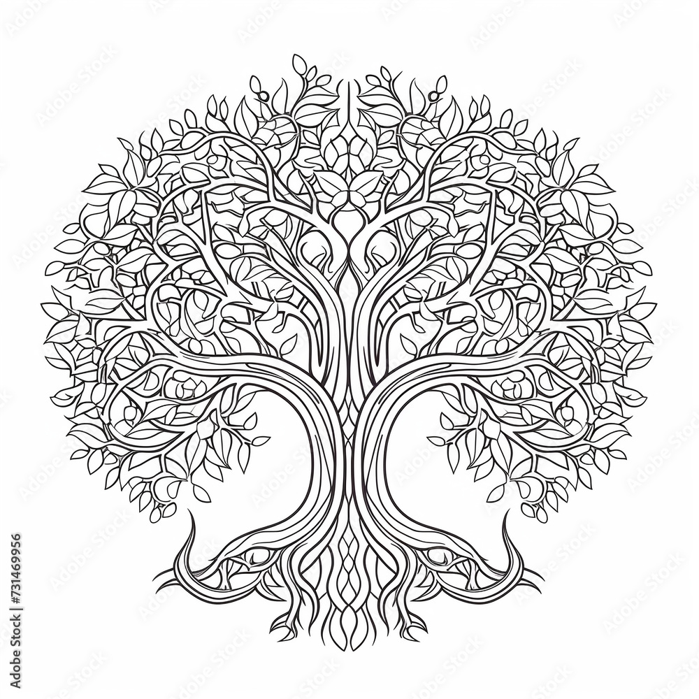 Tree, coloring style, lines, black and white, ethnic style