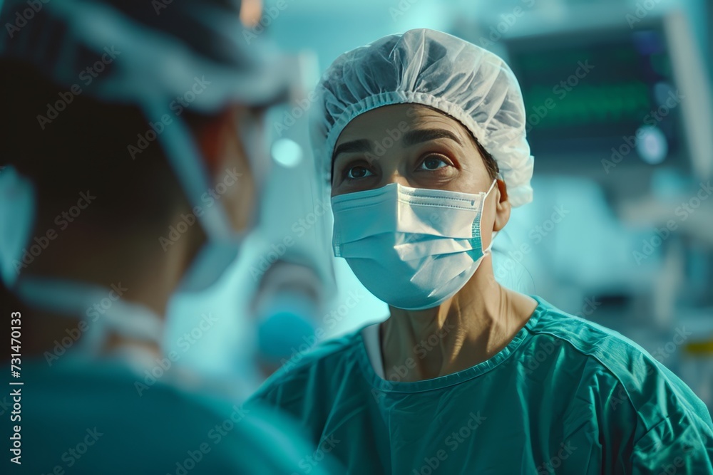 A doctor in a cap and mask talks to nurse against the background of a bright hospital room A doctor in a cap and mask talks to nurse against the background of a bright hospital room