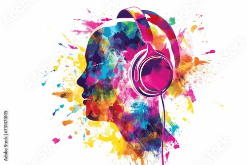 Creative music background. Colorful head wearing headphones on bright background. Sound inspiration and emotions. no identical face.