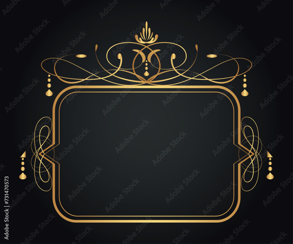 Decorative gold frame. Retro ornamental frame, vintage rectangle ornament, and ornate border. Decorative wedding frame, antique museum image border. Isolated vector icon