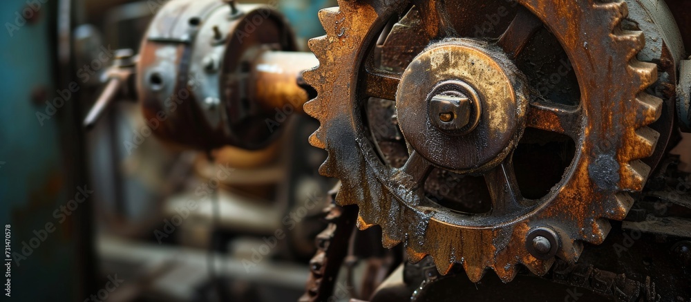 Old machine with a greased cog wheel and chain.