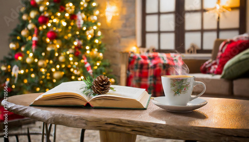 Coffee cup and an open book inside a holiday decorated home 