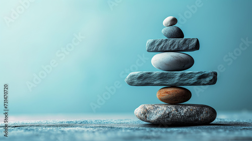 Smooth stones stacked in many layers. Concept for balance, harmony and peace. Composed with copy space. photo
