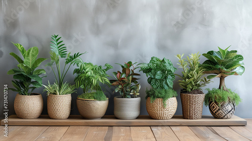 Indoor potted plants in various shaped pots on grey background. Plant styling concept with copy space.