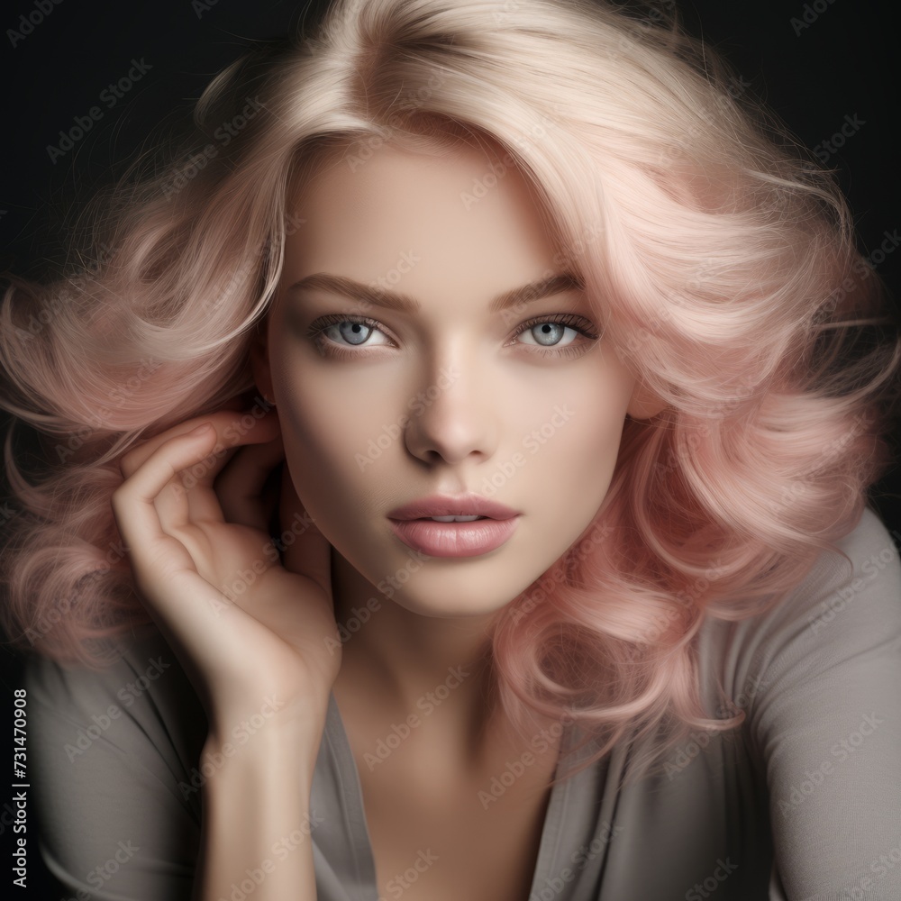 Fototapeta premium Portrait of a beautiful blonde woman with pink hair on a black background