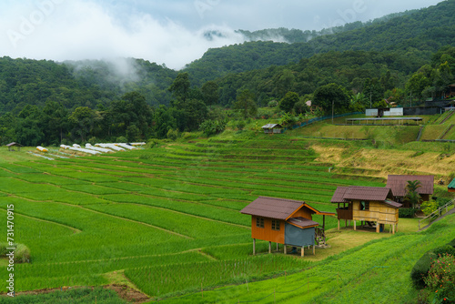 Mountain village nestled in serene landscape under a vast sky, surrounded by lush fields and forests, epitomizing rural Thailand charm