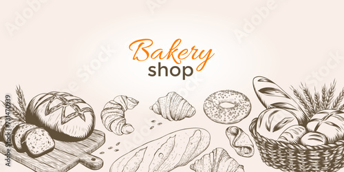Vintage bakery template with sketched bread and pastry vector set. for baking, bakery shop, cooking, sweet products, dessert, pastry. Vector illustration for poster, banner, cover, flyer, menu