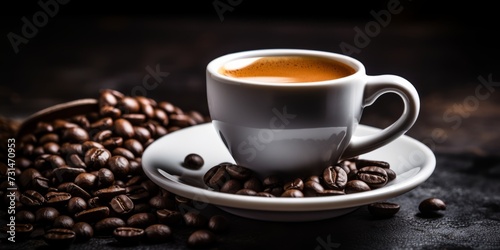 Coffee cup and coffee beans on dark wooden table, selective focus