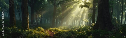 Sunlight shining through the trees in a forest with a path. Banner photo