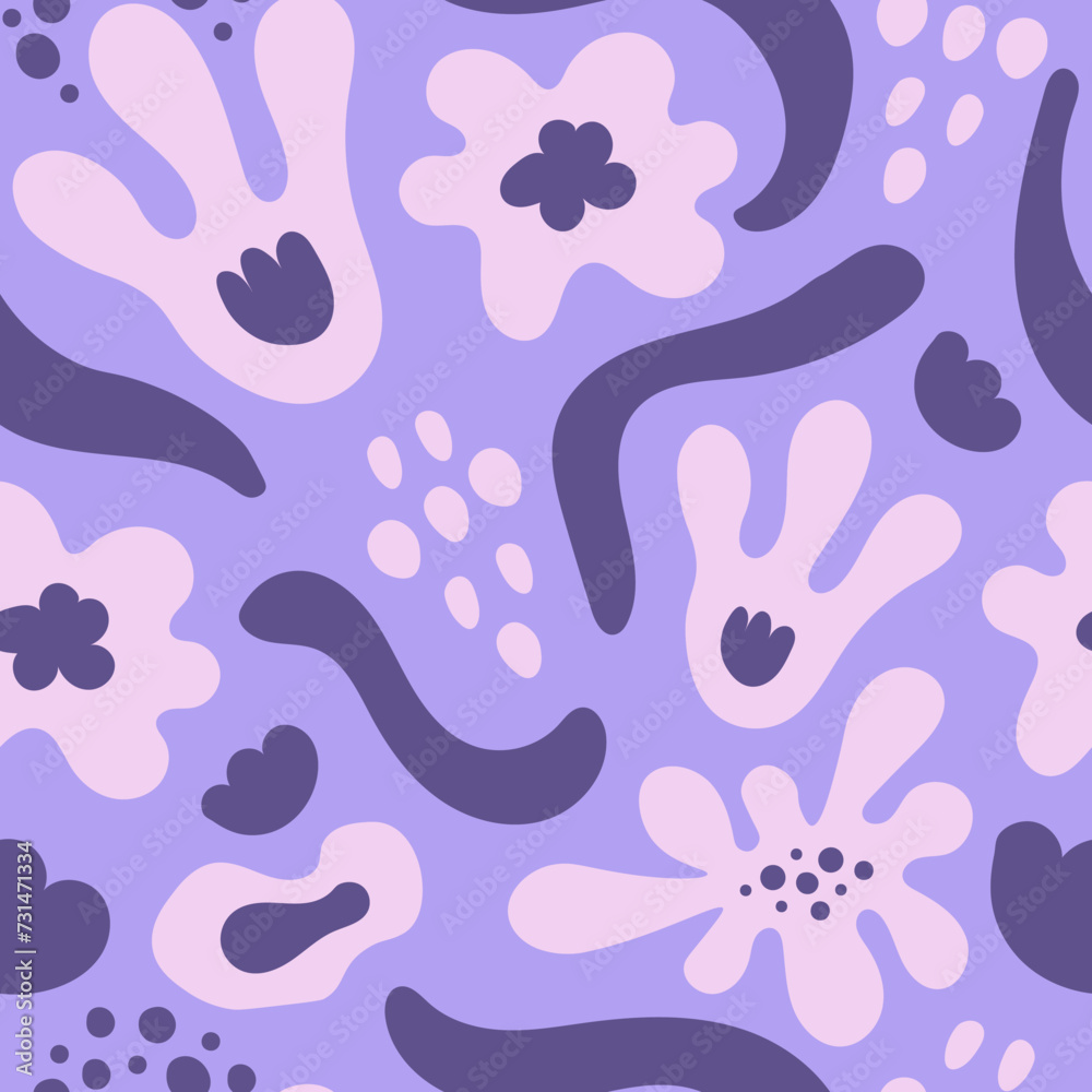 Purple groovy flowers seamless pattern. Modern liquid floral background with abstract organic shapes and dots. Wavy fluid fabric, textile, wallpaper, greeting card, banner