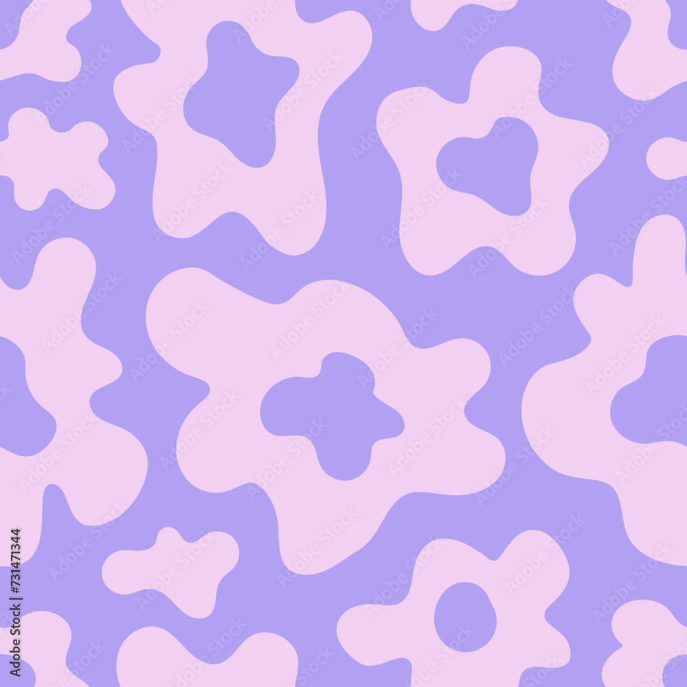 Minimal purple seamless pattern with distorted flowers. Pastel abstract floral background with wavy organic shapes. Modern vaporwave curvy geometric design. Repeat vector illustration Minimal purple seamless pattern with distorted flowers. Pastel abstract floral background with wavy organic shapes. Modern vaporwave curvy geometric design. Repeat vector illustration