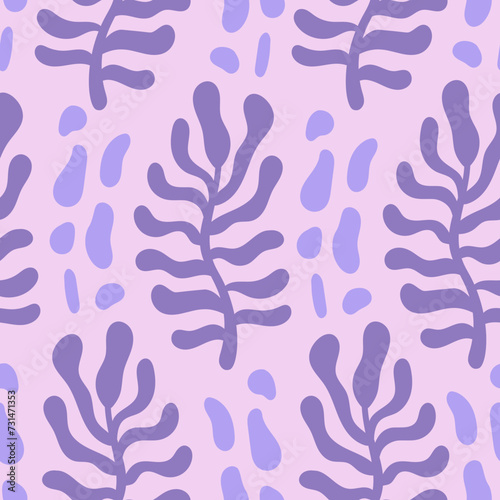 Purple botanical groovy seamless pattern. Modern hand drawn background with liquid fern leaf and dots. Abstract wavy repeat vector illustration. Kawaii plants for fabric, textile, greeting card