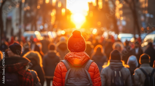 Back view of a person in an orange jacket and beanie walking amidst a busy urban street crowd at sunset.