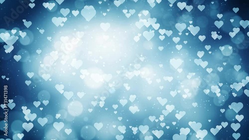 Bright blue blurred bokeh loop animation with white hearts pattern background. Valentine's day holidays copy space greeting card.