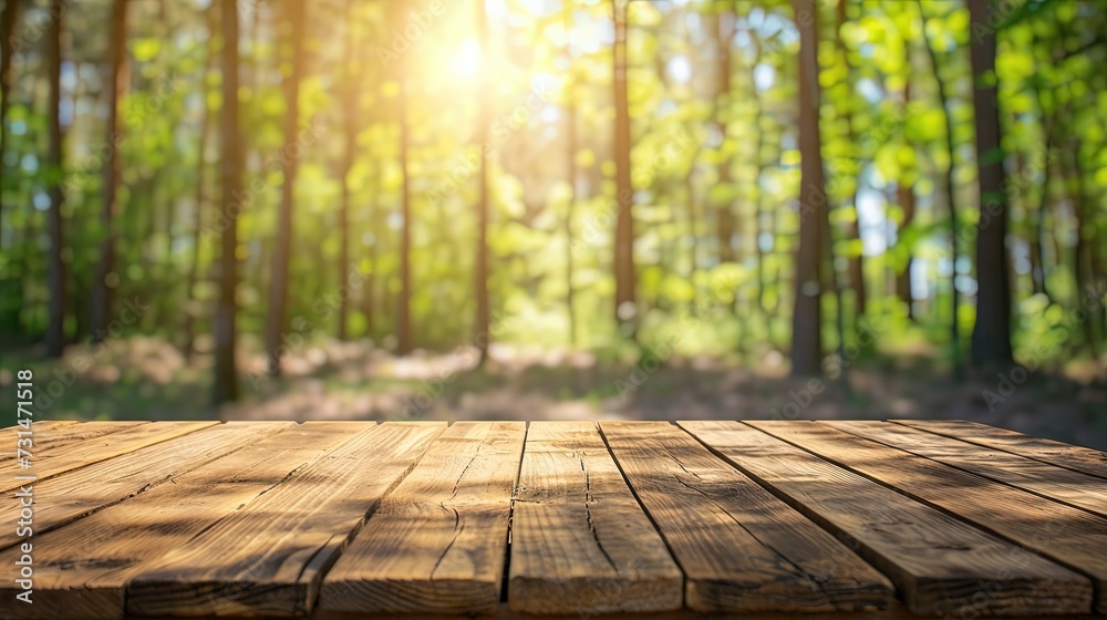 Wooden board on a green sunny forest background for placement and display of products. Platform for product advertising presentation