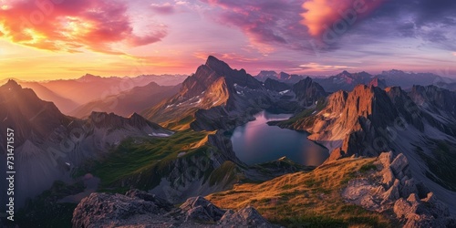 The panorama captures a breathtaking sunset casting golden hues over a majestic mountain range with alpine lakes nestled in valleys. Resplendent. © Summit Art Creations
