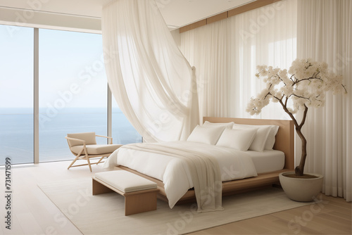 Modern, light, and neutral master suite with large white bed and plant, featuring gossamer fabrics and panoramic scale.