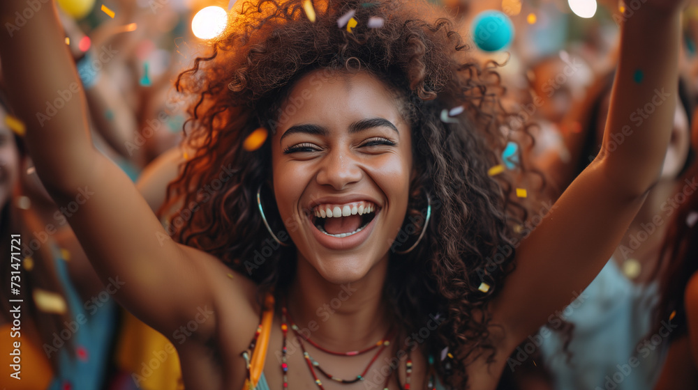 Black young woman excited, celebrating a great achievement. Confetti in the air. Black young woman excited, celebrating a great achievement. Confetti in the air.