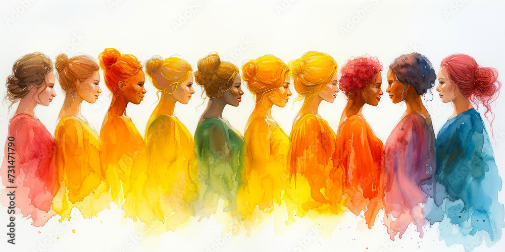 Colourful watercolour illustration group of women, Concept for International Women's Day. Concept for the Day for the Elimination of Violence against Women.